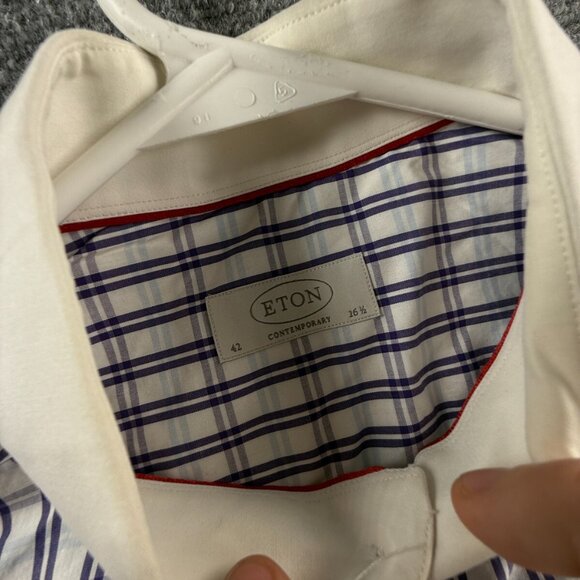 Eton 16.5 Long Sleeve Button Up Contrast Collar Preppy Purple Blue Plaid Cutaway - Picture 8 of 16